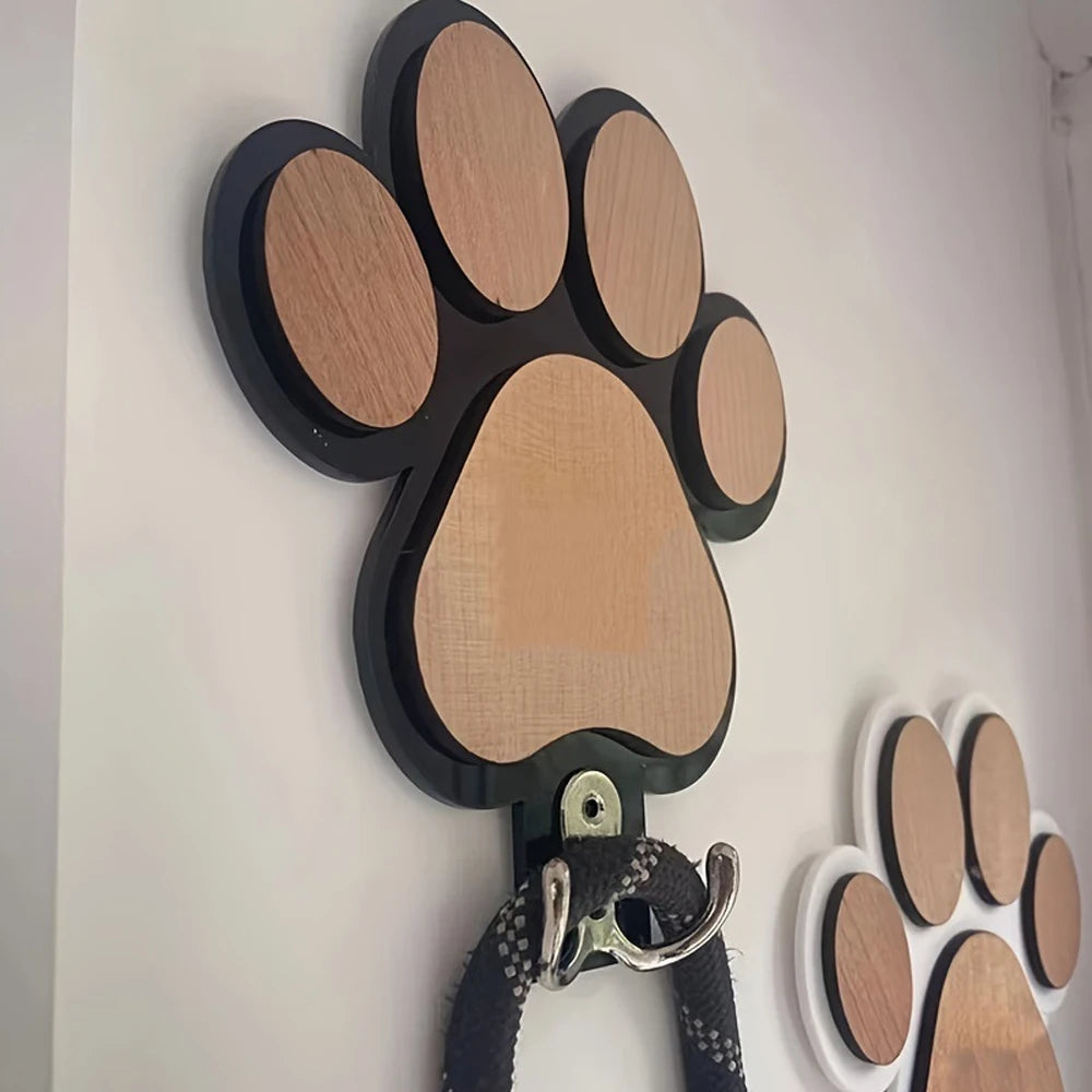 Wooden Dog Leash Holder Paw Print Wall Hook for Collars Coats Organizer