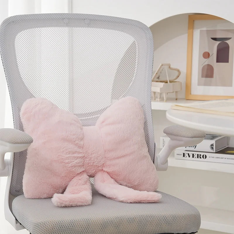 Pink Bow Faux Rabbit Fur Cushion Pillow for Sofa Car Seat Decor