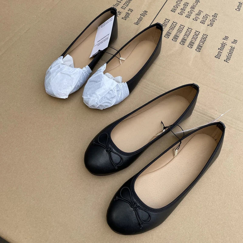 Women Bowknot Ballet Flats Round Toe Slip On Leather Loafers 2026