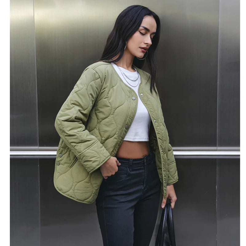 Women Black Quilted Padded Jacket Long Sleeve Winter Coat