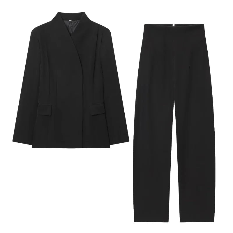 Women Slim Fit Suit Set High Collar Blazer and Casual Trousers Two Piece Outfit