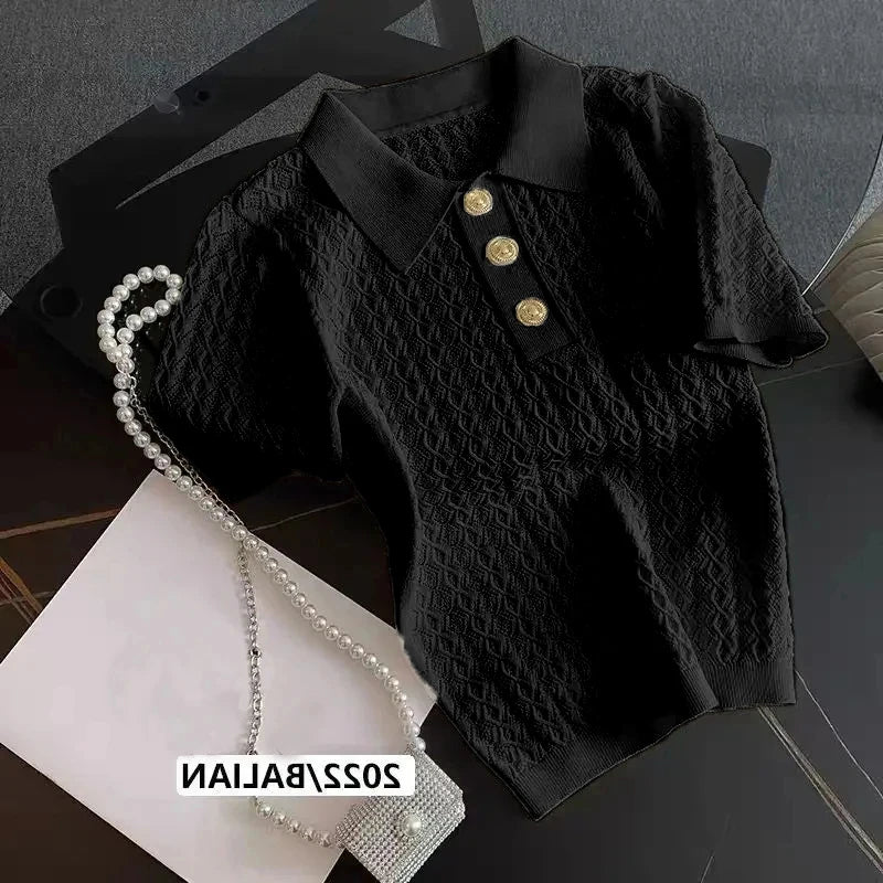 Women Ice Silk Polo Shirt Knitted Short Sleeve Jacquard Summer Chic Thin Top Style