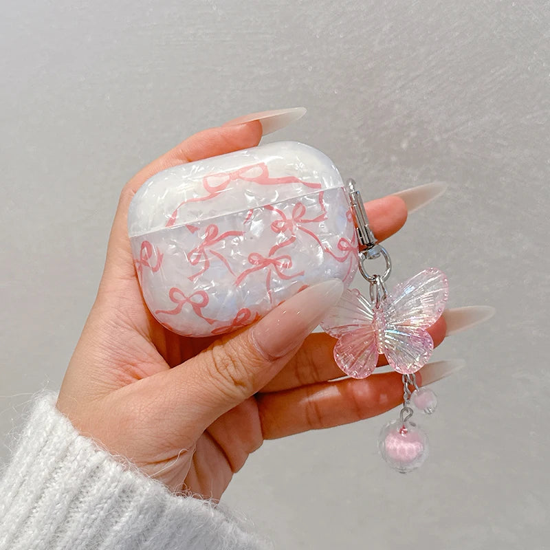AirPods 1/2/3/4/Pro/Pro 2 Cute Bow Glitter Case with Butterfly Charm Keychain Protective Cover