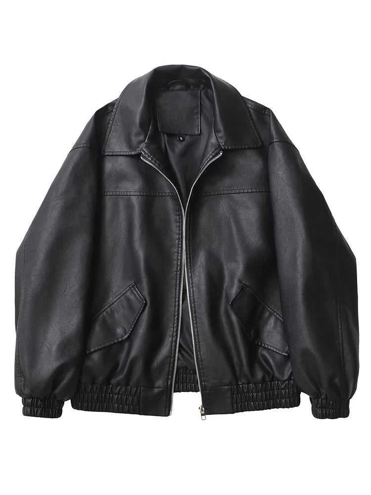 Women Retro PU Leather Biker Jacket Loose Fit Zipper Coat Streetwear Outwear
