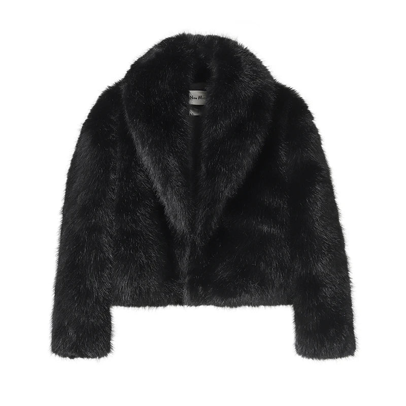 Women Faux Fur Short Coat Shawl Collar Winter Street Fashion Chic Overcoat