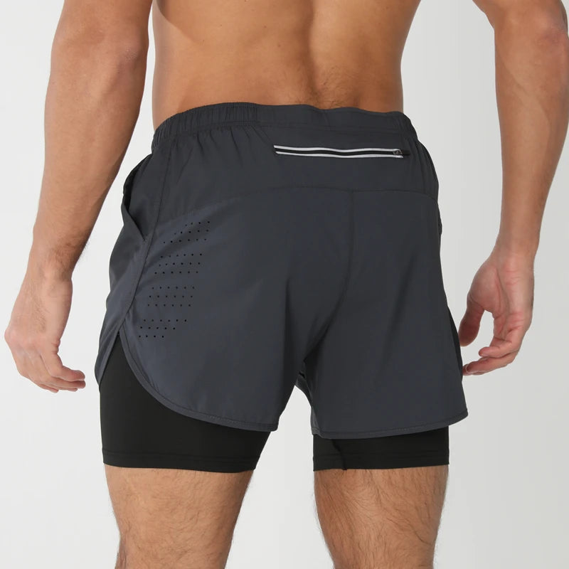 Men 2-in-1 Double Layer Running Shorts Quick Dry Gym Fitness Training Shorts