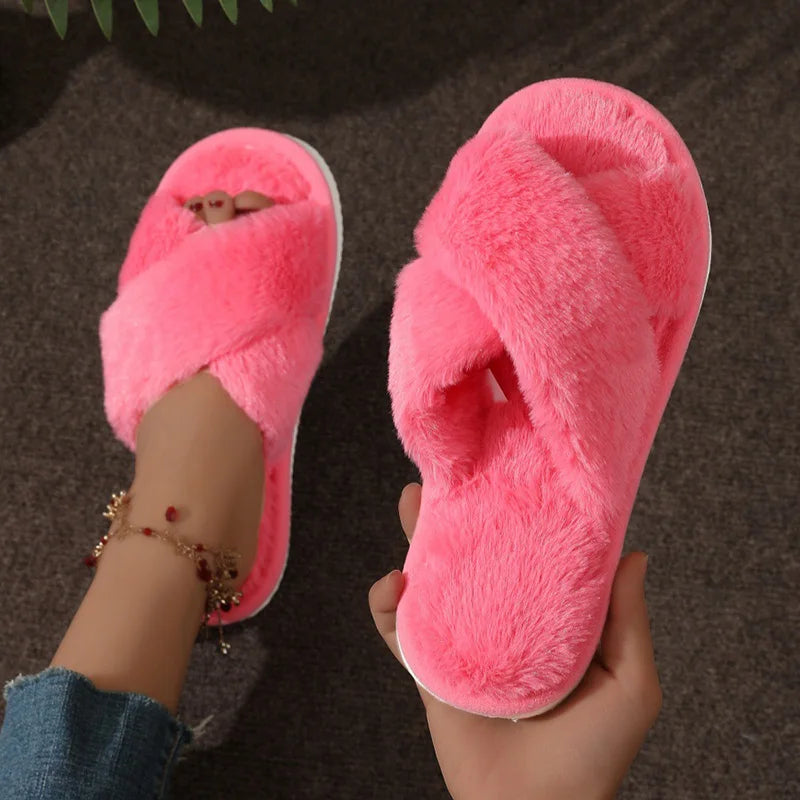 Women Faux Fur Cross Strap Slippers Warm Indoor Slides