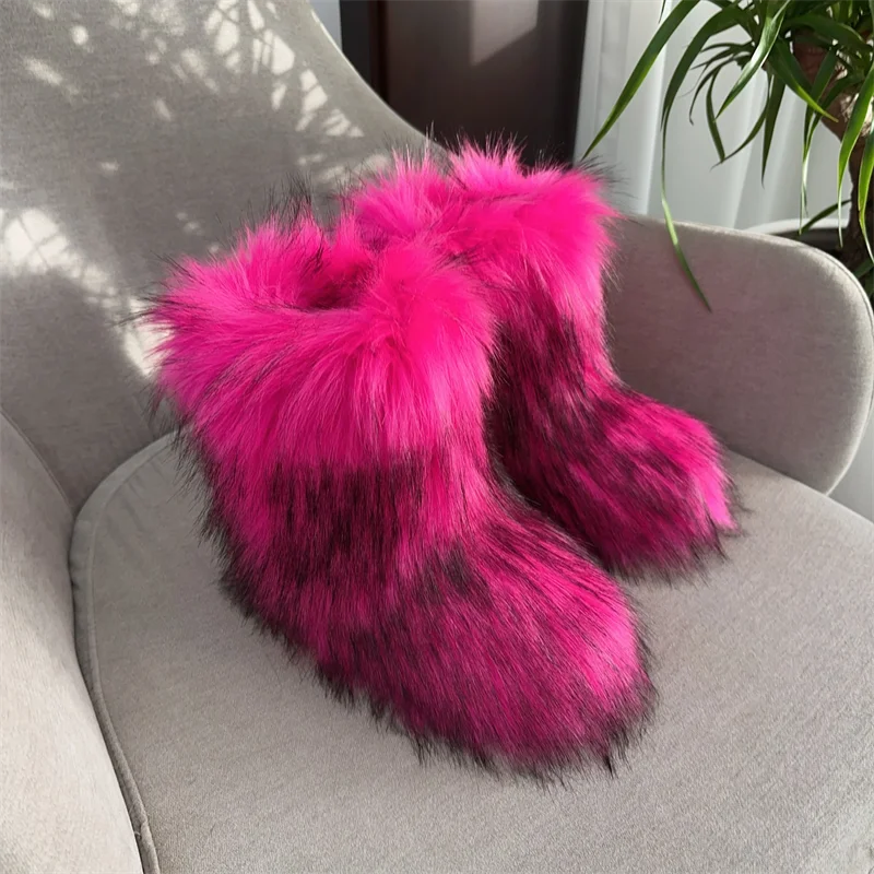 Women Fur Snow Boots Warm Mid Calf Winter Shoes