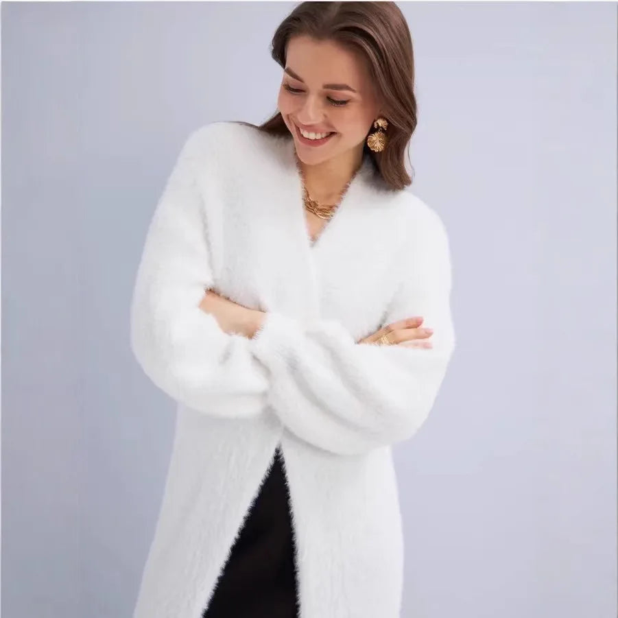 Women Loose Fit Knit Coat Knee Length Faux Fur Long Sleeve Warm Winter Jacket