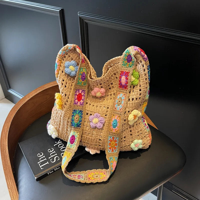 Women Boho Crochet Bag Knitted Floral Shoulder Tote Large Capacity Beach Woven Handbag