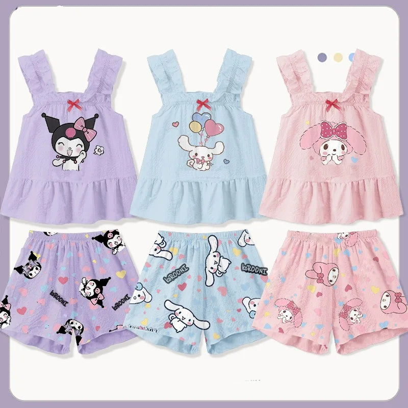 Girls Cute Cat Cartoon Sleeveless Pajama Set Lightweight Summer Homewear