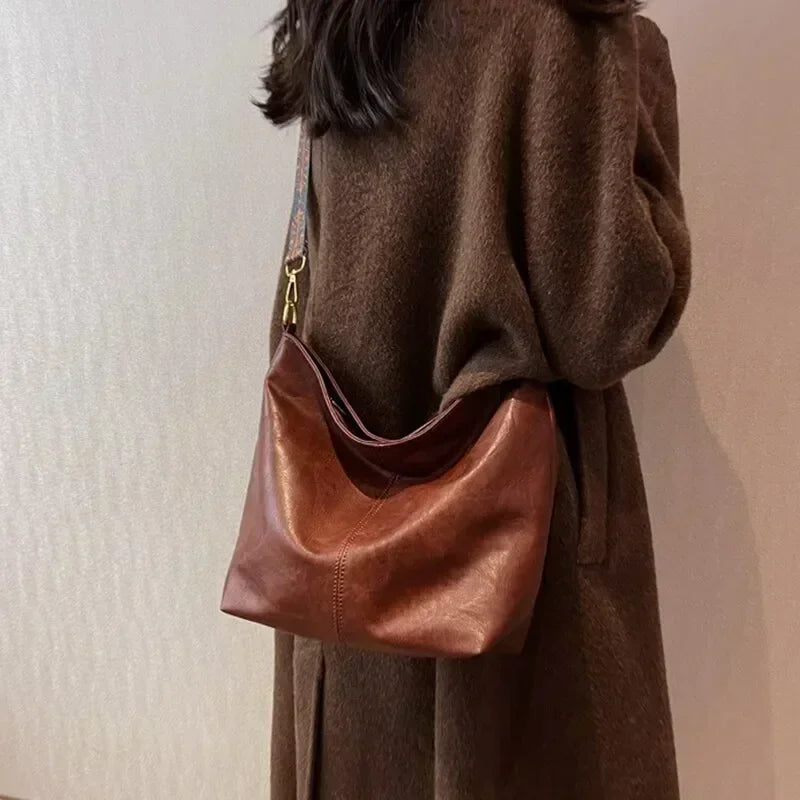 Vintage PU Leather Bucket Bag Large Capacity Shoulder Crossbody Handbag