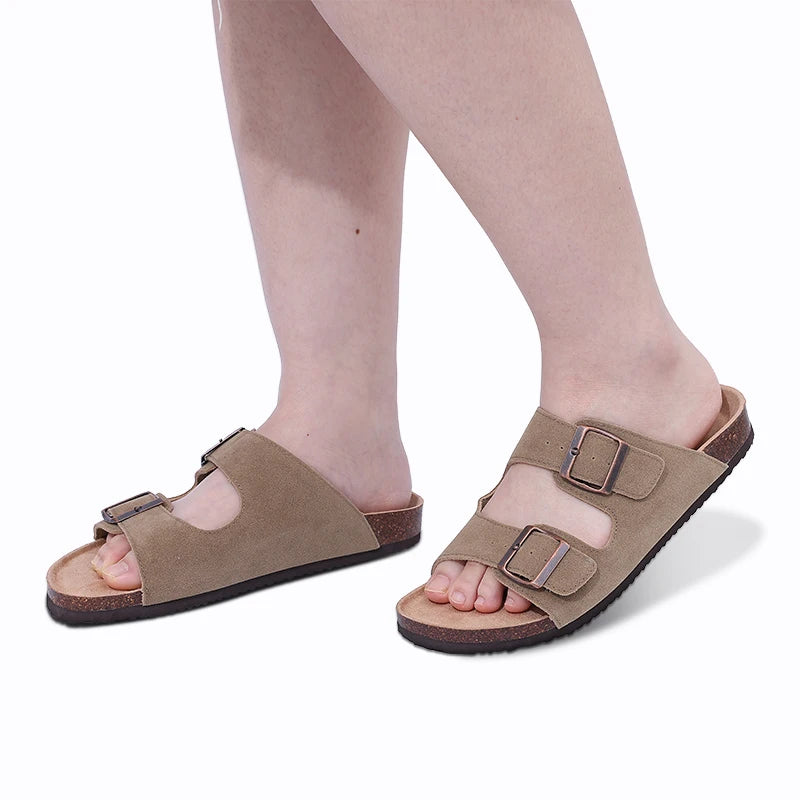 Suede Mule Slippers Cork Footbed Clogs Adjustable Buckle Slides Comfort Arch Support Sandals Women Men