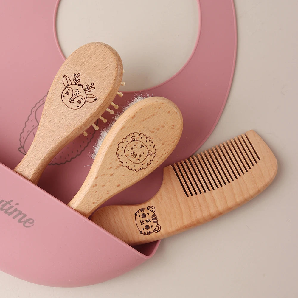 3pcs Baby Hair Brush and Wooden Comb Set Newborn Gift