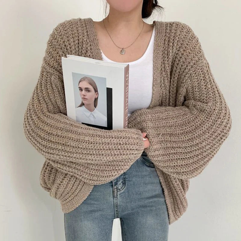 Women Lantern Sleeve Cardigan Y2K Knit Sweater