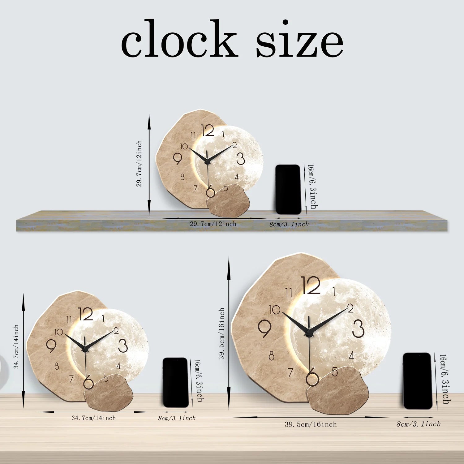 Silent Wooden Wall Clock Moon Design Quartz for Bedroom Living Room Office Decor