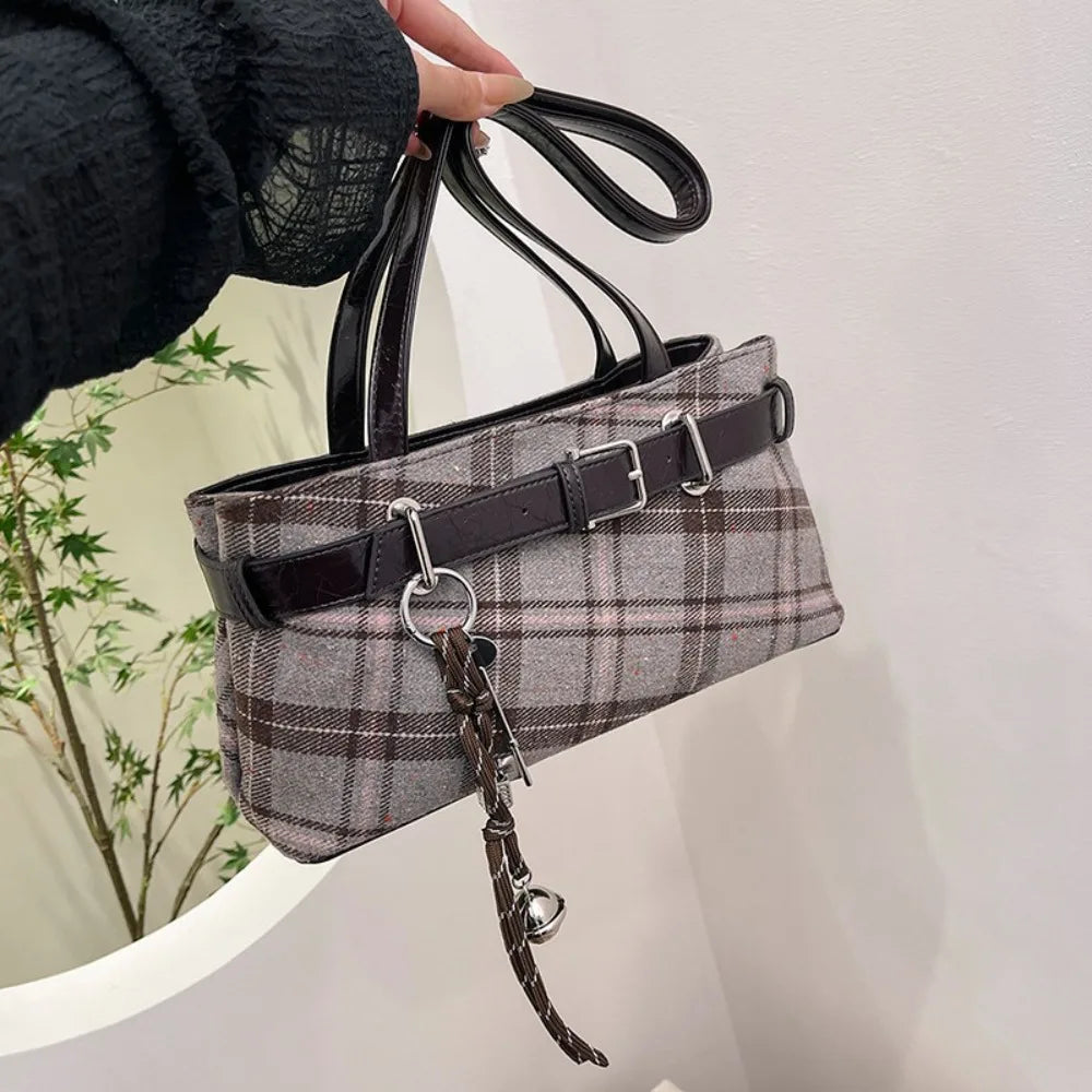 Women Retro Plaid Tote Bag Textured Shoulder Handbag Work Commuter Bag 2026