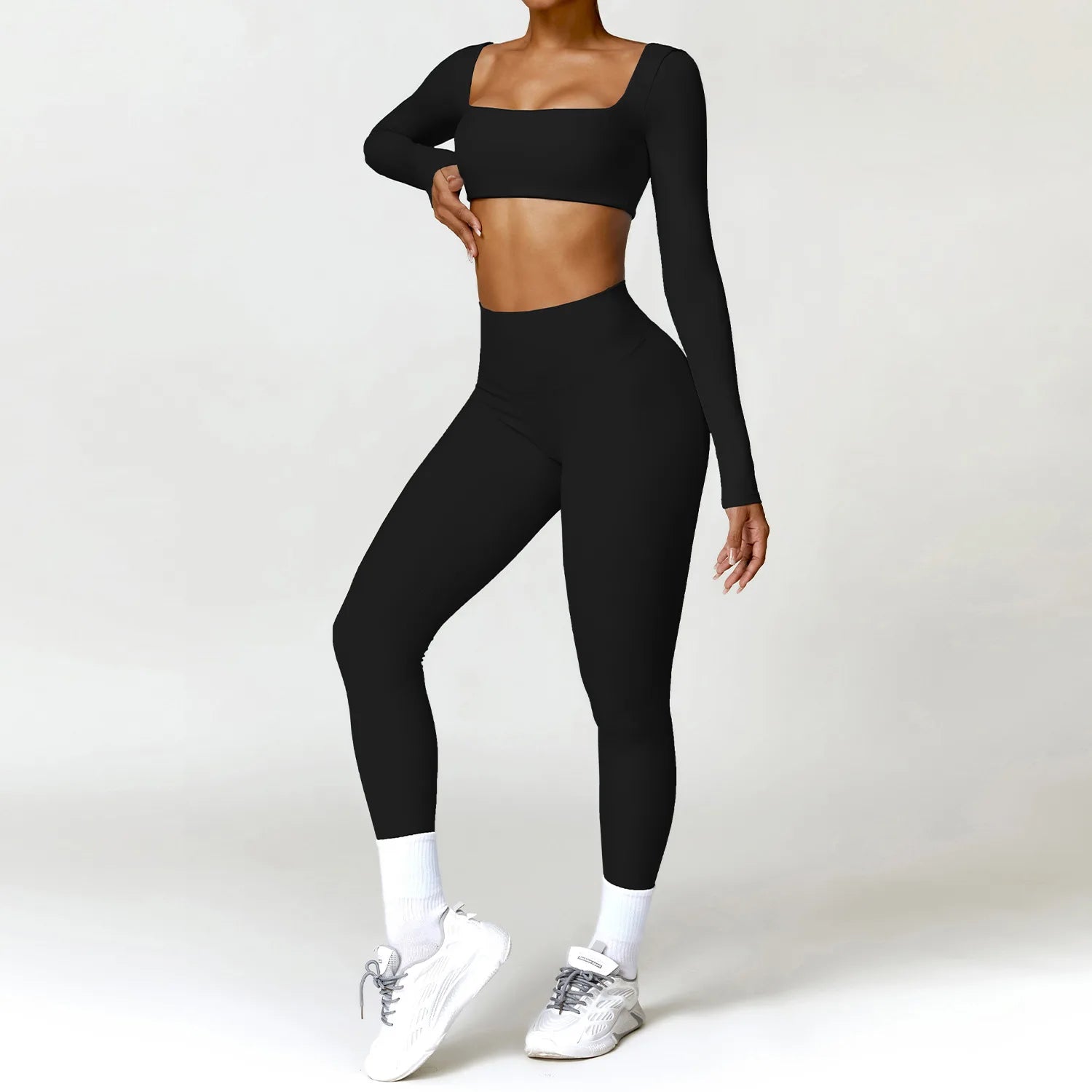 2PCS Seamless Yoga Set Women Long Sleeve Crop Top High Waist Leggings Workout Outfit