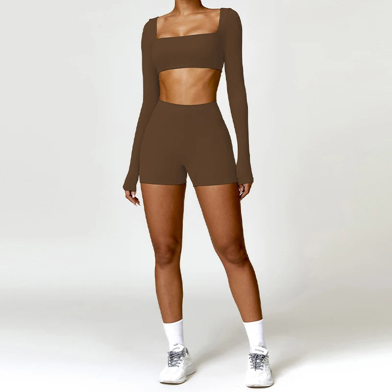 2PCS Seamless Yoga Set Women Long Sleeve Crop Top High Waist Leggings Workout Outfit