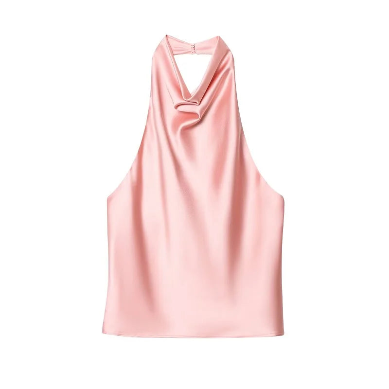 Women Satin Halter Backless Top Summer Beach Camisole Crop Top
