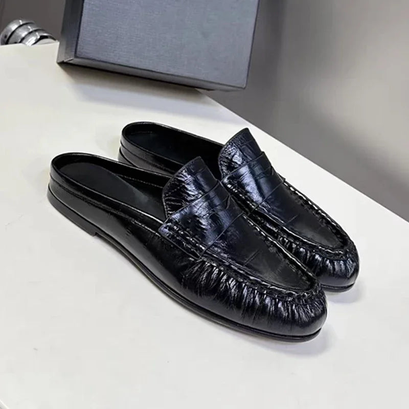 Women Leather Mules French Style Slip On Flat Slides Casual Plus Size 34-43 2026