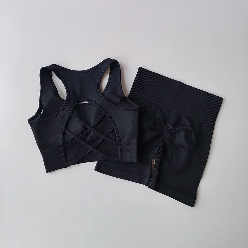 Seamless Yoga Set Women Bra Shorts High Waist Scrunch Butt Gym Outfit Fitness Set