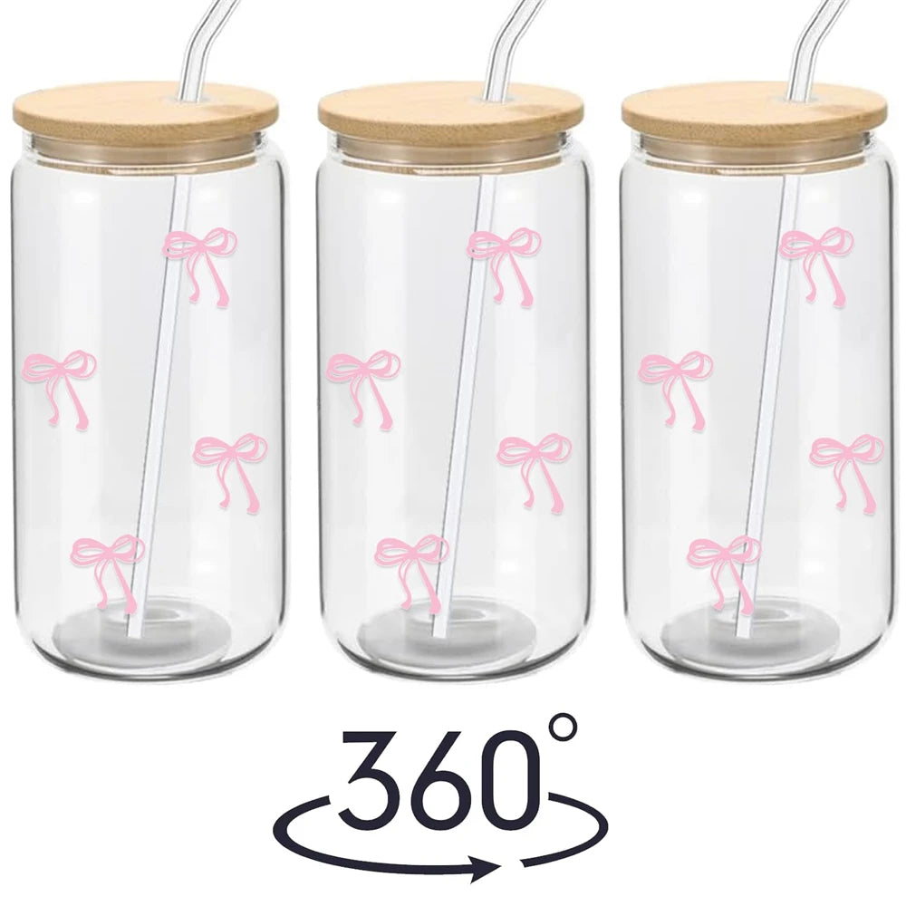 Pink Bow Glass Tumbler with Lid and Straw 500ml