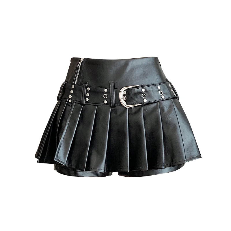 Women Gothic Black Pleated Leather Mini Skirt A Line Y2K Harajuku Emo Style