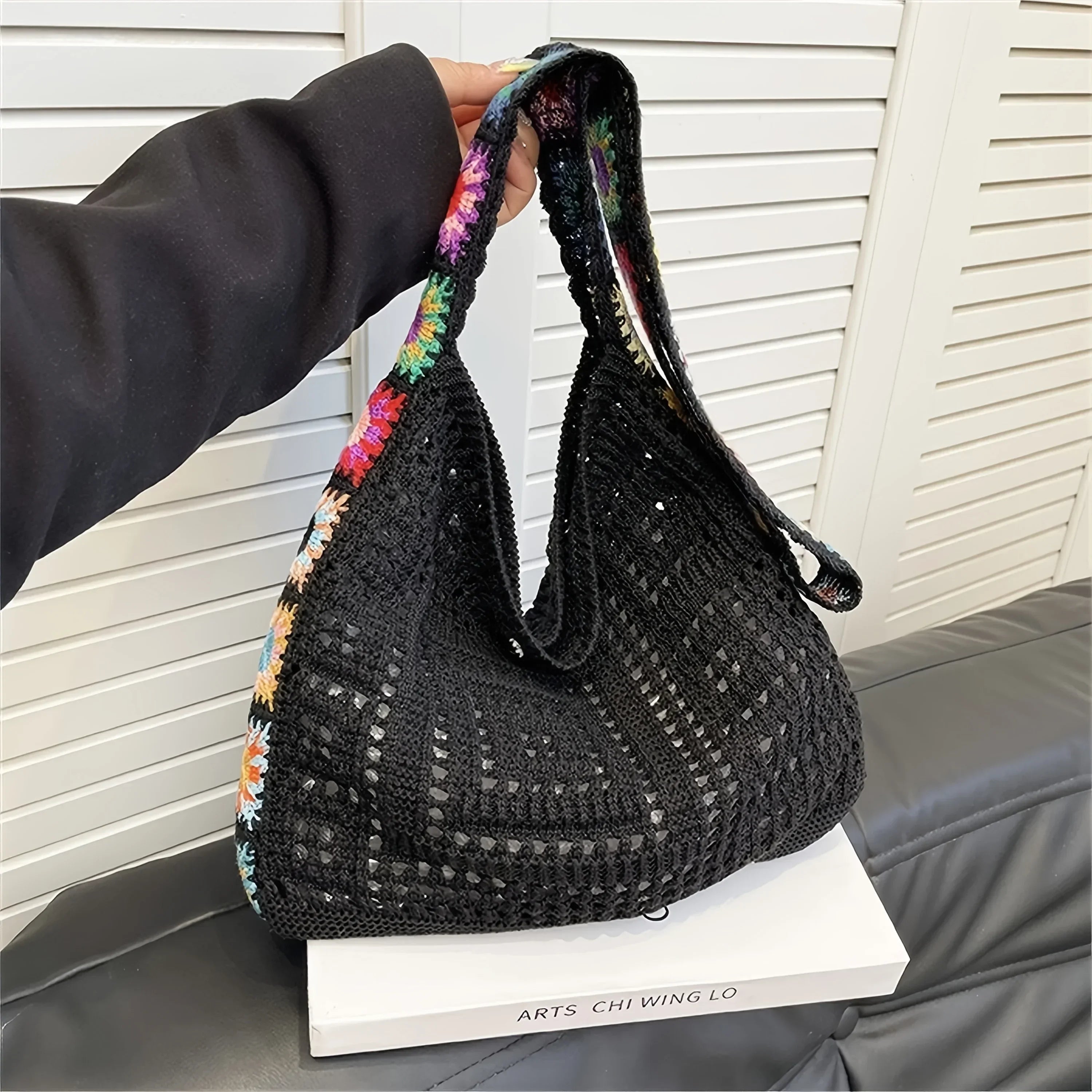 Women Boho Crochet Bag Knitted Floral Shoulder Tote Large Capacity Beach Woven Handbag