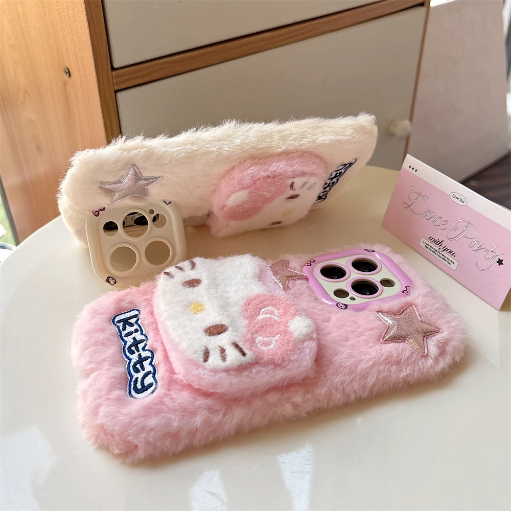 Camera Holder Shockproof Cute Fluffy Hello Kitty iPhone Case