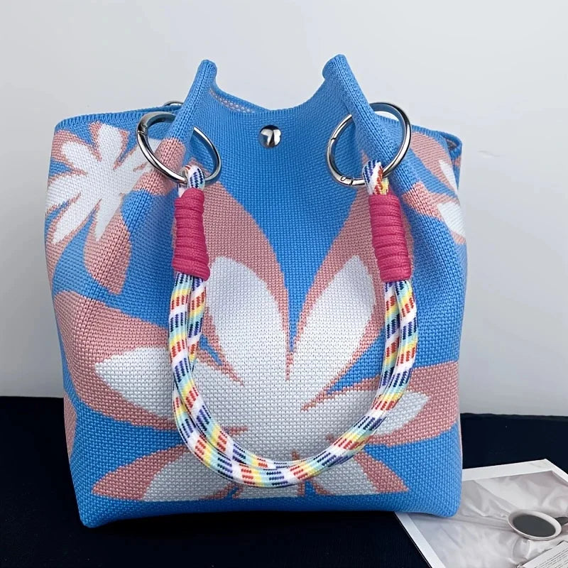 Women Vintage Floral Knit Tote Bag Adjustable Strap