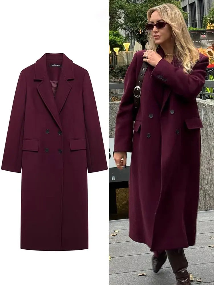 Women Burgundy Double Breasted Coat Elegant Winter Jacket