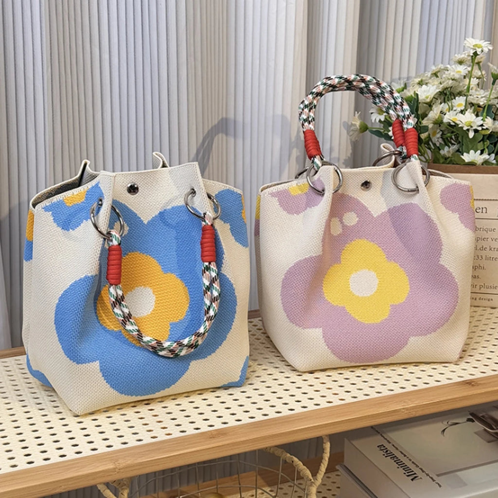 Multicolor Knit Bucket Bag Retro Color Block Handbag