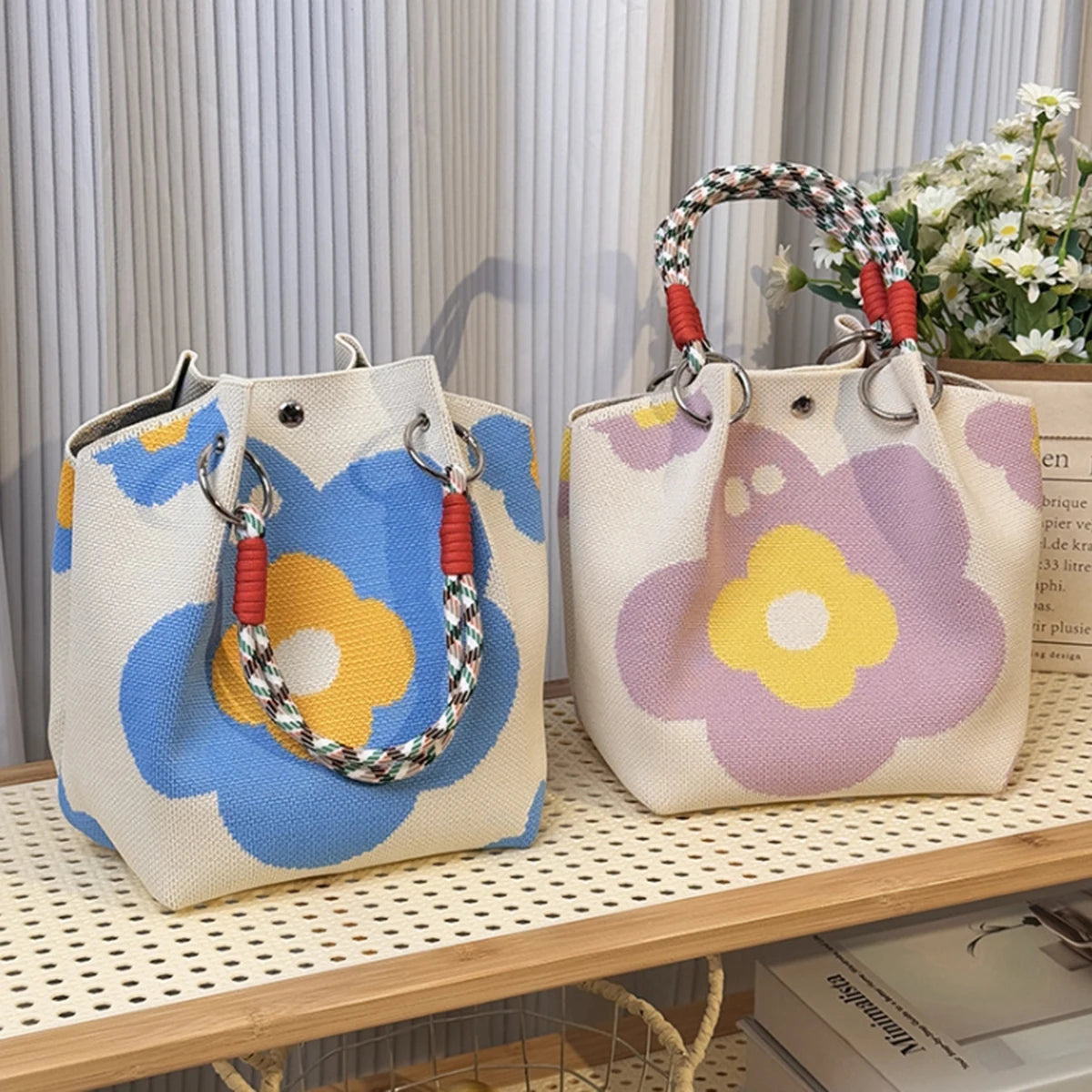 Multicolor Knit Bucket Bag Retro Color Block Handbag