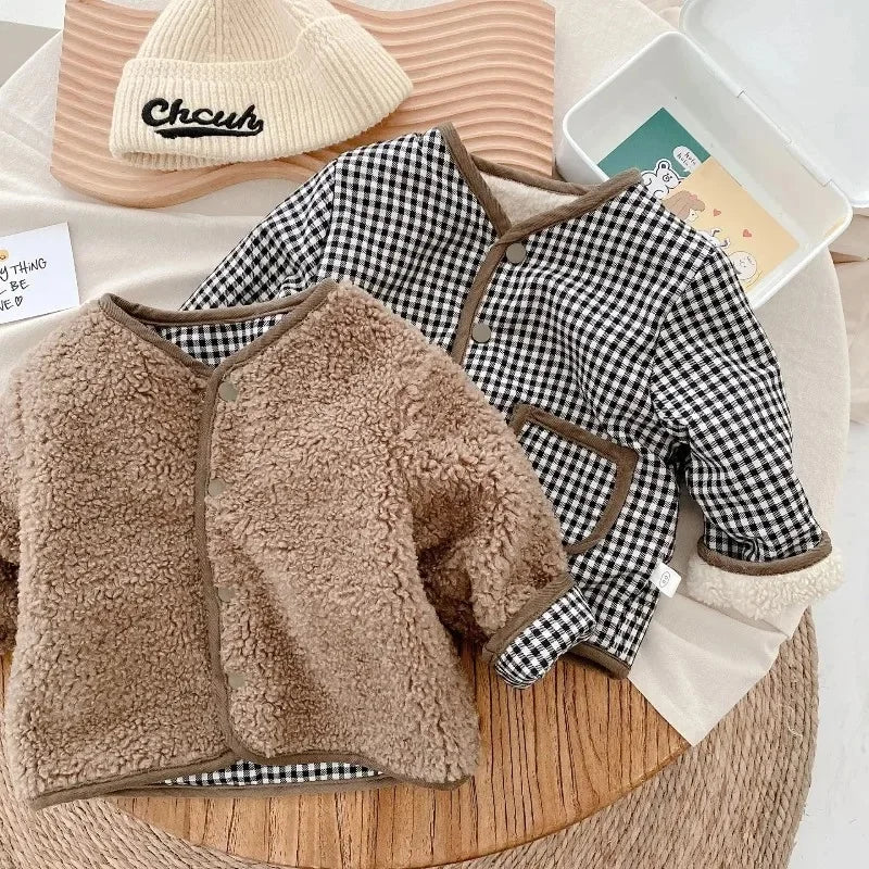 Kids Reversible Plaid Plush Jacket Warm Autumn Winter Coat Boys Girls