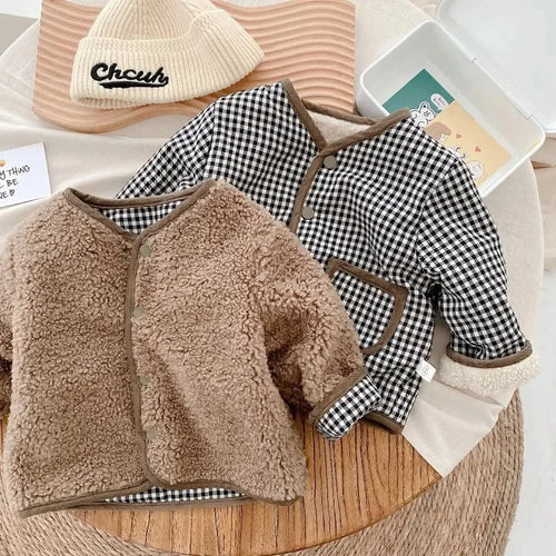 Kids Reversible Plaid Plush Jacket Warm Autumn Winter Coat Boys Girls