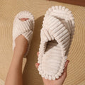 Corduroy Cross Band Slippers Women Cozy Plush Indoor Home Slides Soft Comfortable Shoes