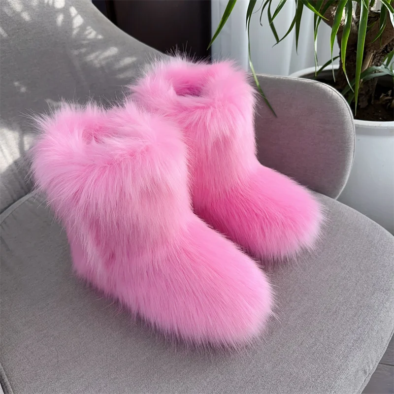 Women Fur Snow Boots Warm Mid Calf Winter Shoes