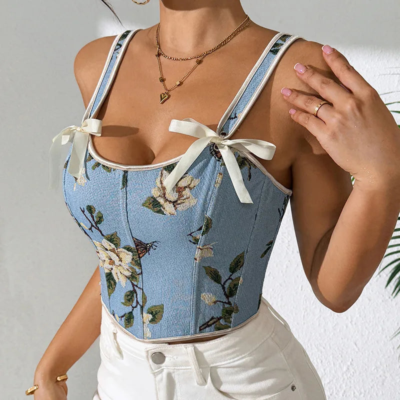 Women’s Floral Corset Bra Top French Style Double Strap Retro Vest