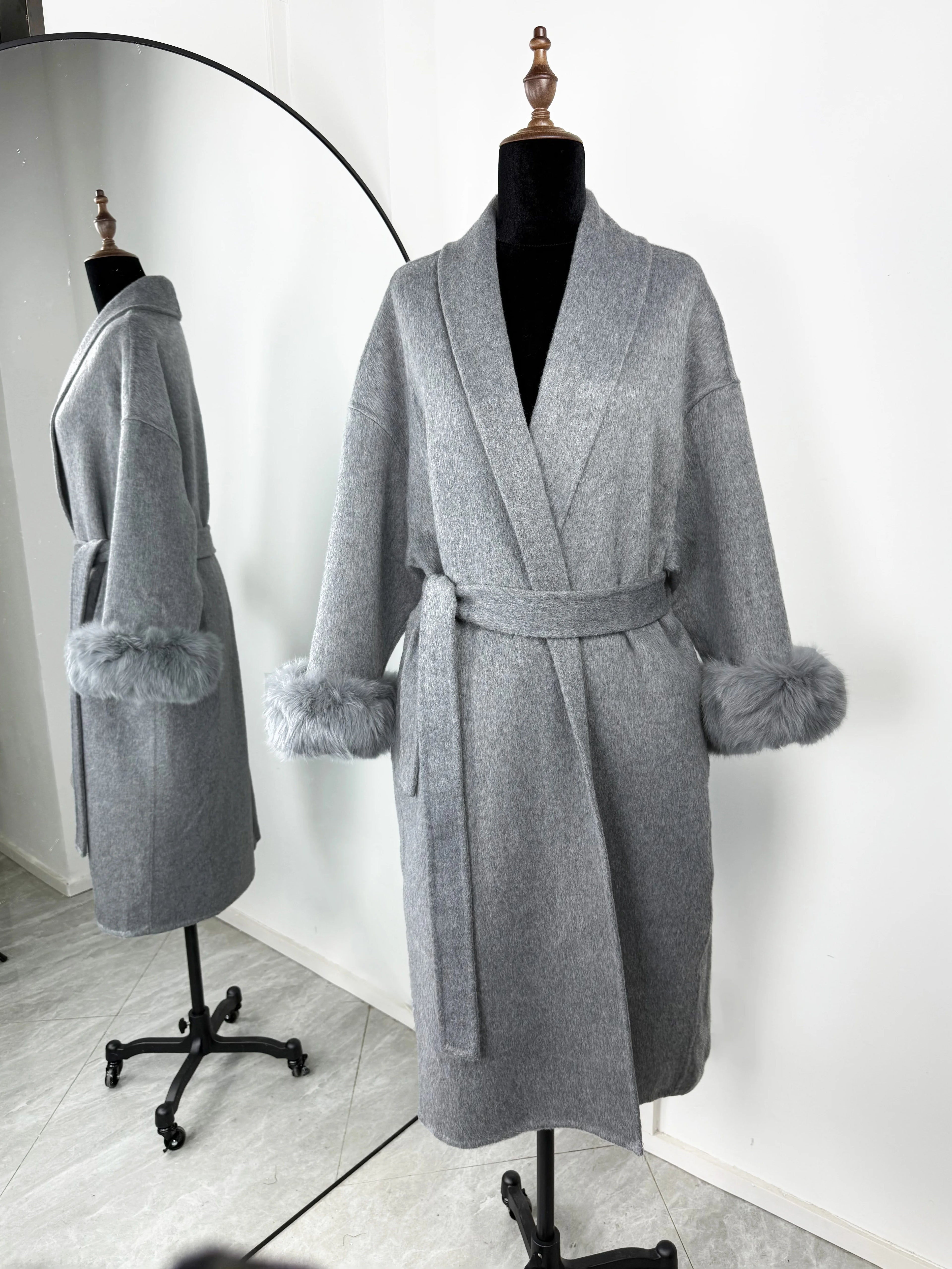 Women Wool Coat Faux Fur Collar Short Double Sided Elegant Jacket
