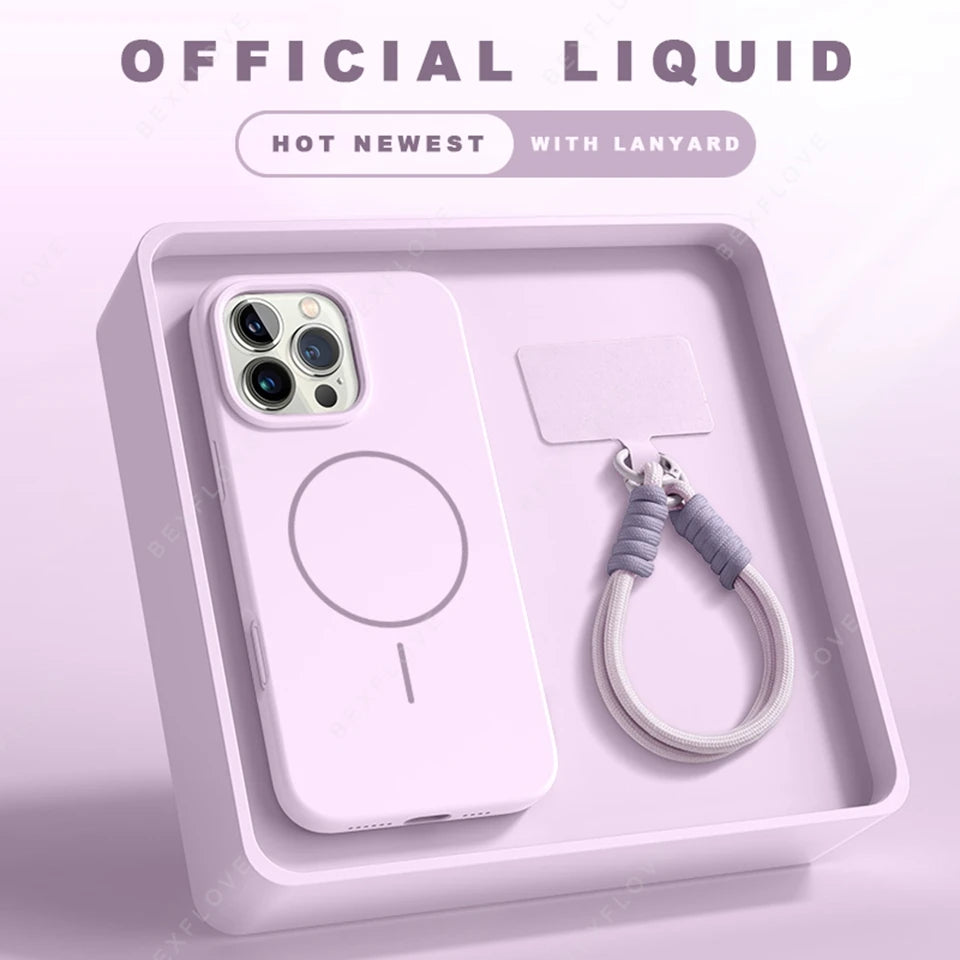 Magnetic Phone Case with Lanyard for iPhone 11–16 Pro Max Silicone MagSafe Strap Shockproof Protective Cover