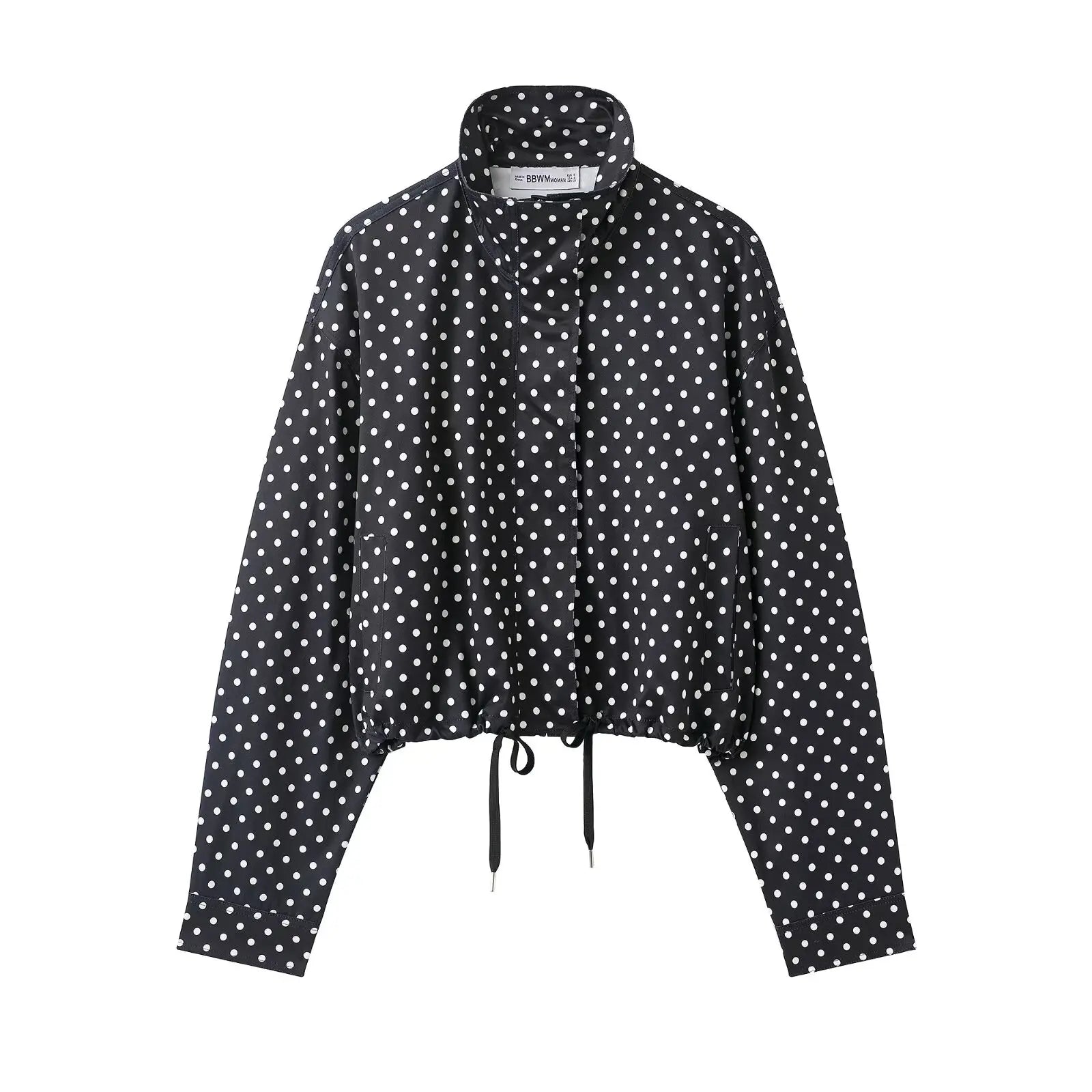 Women Polka Dot Jacket Turtleneck Long Sleeve Casual Coat with Zipper and Pockets