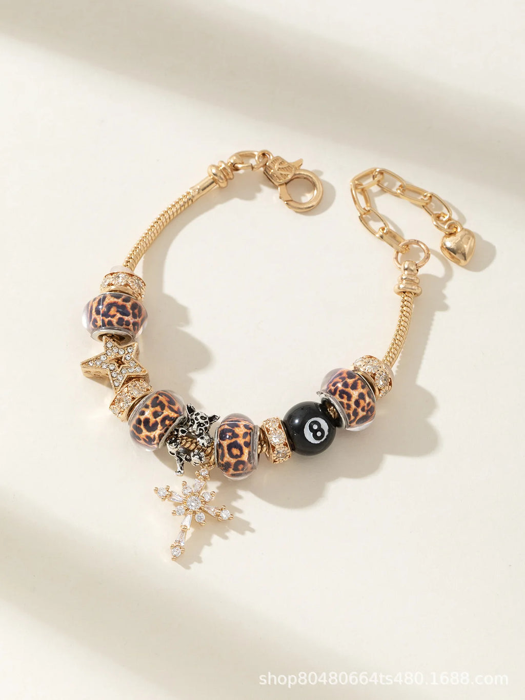 Women Adjustable Gold Charm Bracelet Leopard Rhinestone Star Cross