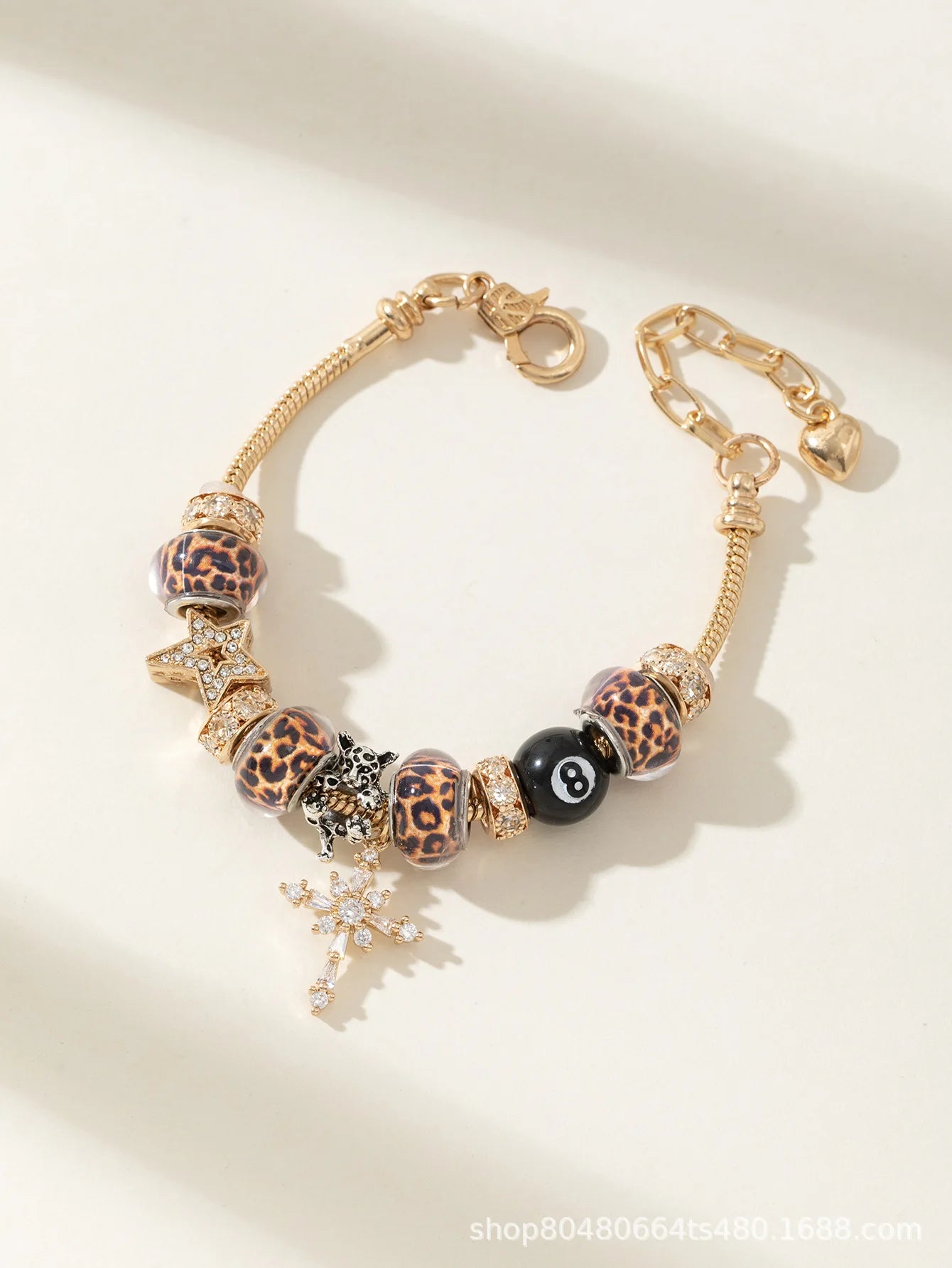 Women Adjustable Gold Charm Bracelet Leopard Rhinestone Star Cross