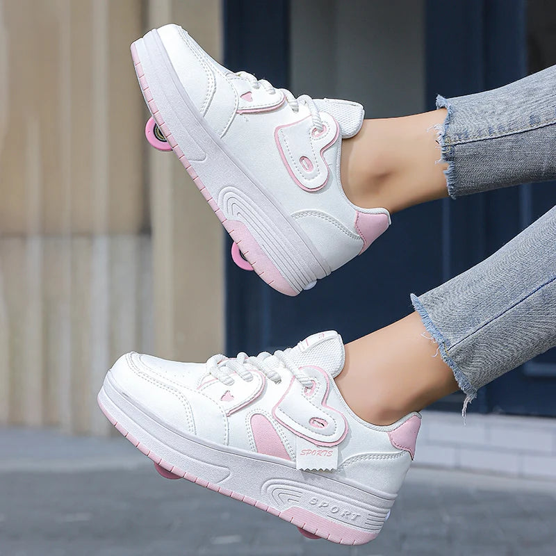 Girls Retractable Two Wheel Roller Skate Shoes Lace Up Breathable Outdoor Sneakers