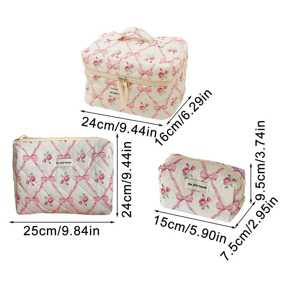 Women Quilted Makeup Bag Cute Bow Flower Zipper Cosmetic Organizer Toiletry Case