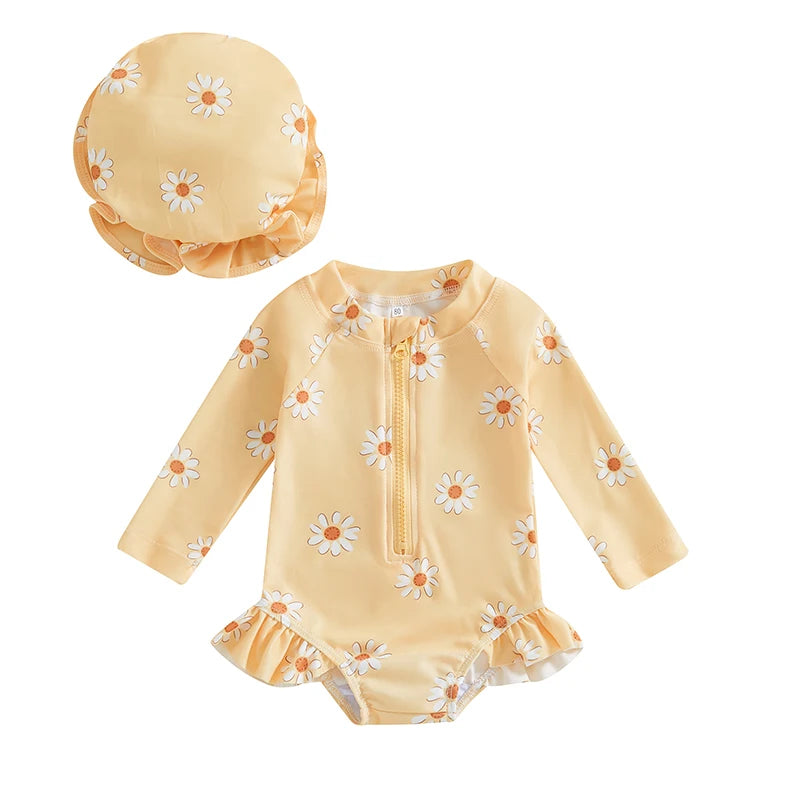Baby Girl Floral Rash Guard Swimsuit with Hat