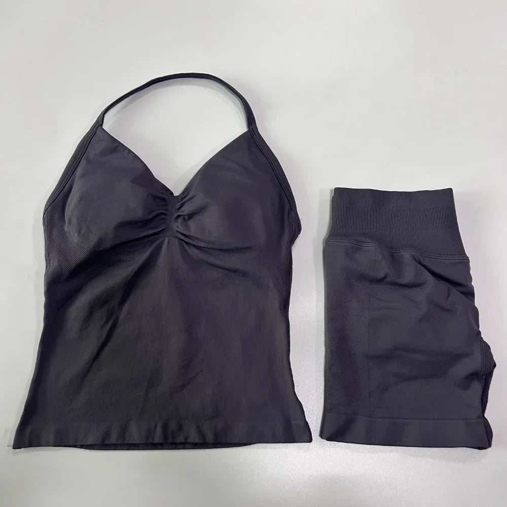 Yoga Set Women Seamless Tank Top High Waist Scrunch Shorts Gym Workout Set