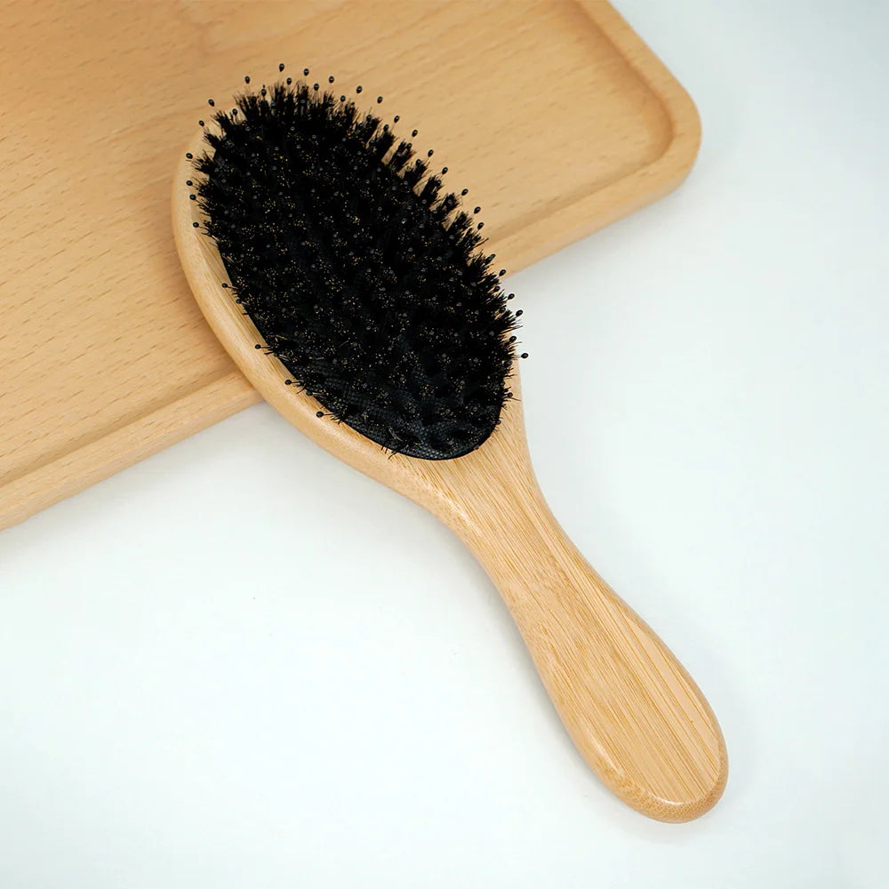 Bamboo Boar Bristle Hair Brush Air Cushion Scalp Detangling Comb