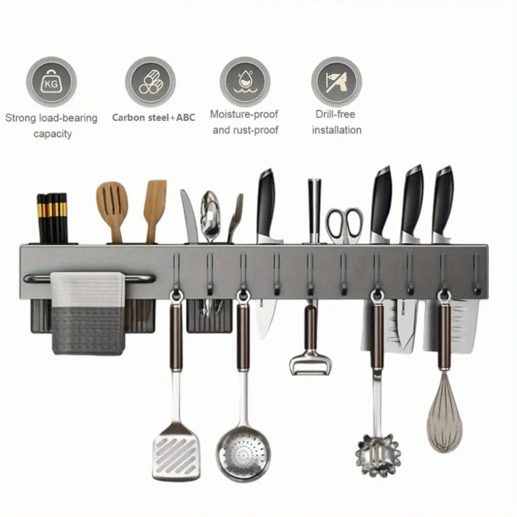 Wall Mounted Kitchen Organizer Carbon Steel No Drill Knife Rack Storage